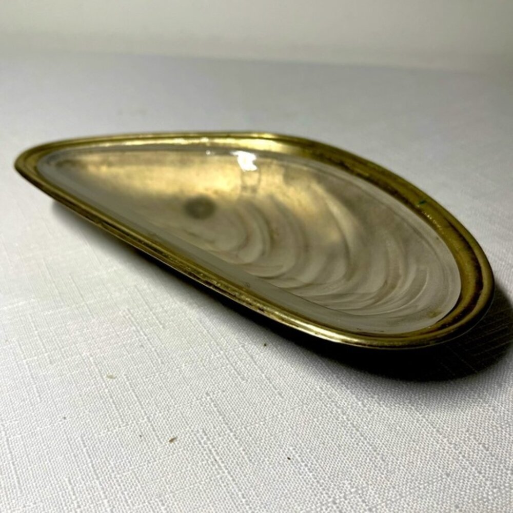 Vintage decorative shell trinket dish Nickel outside and glass inset